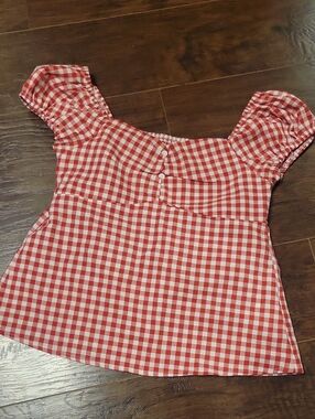 SHEIN Red and White Gingham Button-Up Shirt